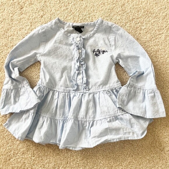 Tommy Hilfiger Dress Girls 24 Mo Light Denim Cotton Prairie Twirl Bell Sleeve - Picture 1 of 7